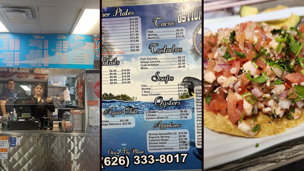 Seafood plates on a casual restaurant table.